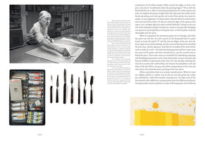 A two-page spread from a book about Josef Albers. The left page features a large black and white photo of Albers painting with a palette knife, with smaller images below of his paint tubes and knives. The right page contains a column of text and a small image of a yellow color study.