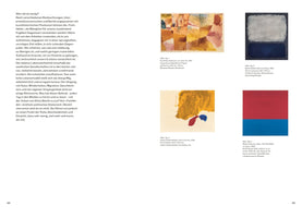 A two-page spread from an art book, pages 44 and 45. The left page contains a column of German text. The right page features four abstract paintings with captions. Top left is a Paul Klee watercolor with geometric shapes in warm tones. Top right is a Mark Rothko color field painting with a gray rectangle over a blue one. Bottom left is a Helen Frankenthaler with an ochre shape and dabs of red and blue. Bottom right is a Blinky Palermo piece divided horizontally into solid red and blue sections.
