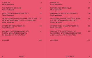 A side-by-side view of a book's table of contents in German and English on a solid pink background. The left column, titled INHALT, lists chapters in German with their page numbers. The right column, titled CONTENTS, provides the English translations. Both lists feature authors like Paola Malavassi and Marie Gerbaulet.