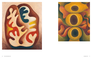 A two-page spread from an art book. On the left is an abstract painting from 1973 titled In Sich Gefangen, showing a large brown organic shape enclosing smaller, interlocking biomorphic forms in red, cream, blue, and yellow. On the right is a painting from 1975 titled Balance, featuring three golden-yellow ring-like shapes stacked vertically amidst undulating forms in green and rust orange.
