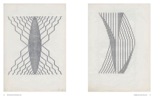 A two-page spread displaying two abstract artworks from the 1970s created with a typewriter. On the left, a symmetrical hourglass shape with a dense central column and branching, jagged lines of characters. On the right, an asymmetrical, curved form, also composed of typed characters, sweeps gently to the left.