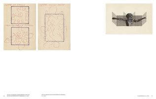 A two-page spread from an art book. The left page shows two preparatory drawings on aged paper with German handwriting. One features a red squiggly line contained within a square, and below, the line overflows the square's borders. The other shows a red line contained by a border made of the typed word restriction. The right page shows a collage of a dark female sculpture with outstretched arms against a geometric, crown-like pattern of black characters.