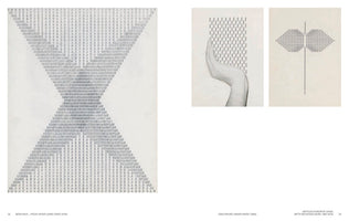 A two-page spread from an art book. On the left, a concrete poem in the shape of an hourglass is formed from typed German words. On the right are two works: a black-and-white collage of a hand beneath a pattern of tiny trees, and a shape resembling a dragonfly or a leaf with a long stem, created from typewritten symbols.