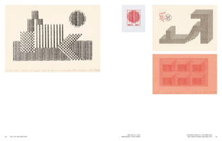 A two-page spread from a book displaying several examples of mail art created with a typewriter. On the left page, a large black and white artwork from 1987 shows an abstract cityscape and sun composed of typed letters. The right page features three smaller pieces: a red stamp-like square labeled MAIL ART, a postcard with a large, blocky arrow, and a red artwork from 1980 showing a grid of rooms, all formed from repeating characters.