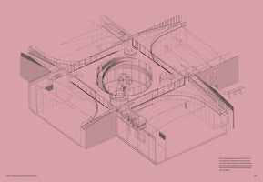 An axonometric architectural drawing of a large, modern building, rendered in thin black lines on a solid pink background. The building has a cross-shaped layout with four wings extending from a central, circular courtyard that contains a tree and a spiral staircase. Elevated walkways connect the different sections.