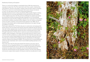 A page from a book with text on the left under the heading Biodiversity: Growing an Ecosystem. The text discusses a factory designed to improve biodiversity. On the right, a close-up, overhead photo of the forest floor shows a weathered white log surrounded by soil, gravel, and small plants with pink clover flowers.