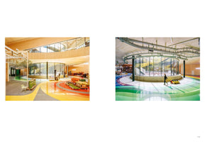 A composite image of two interior photographs of a modern factory. Both spaces feature high ceilings, curved glass walls, and glossy, colorful floors with wide, painted stripes. The left photo shows a wood-paneled area with pallets and a forklift. The right photo shows a concrete-ceilinged area with an extensive overhead conveyor system and a central glass atrium containing a staircase.