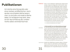 A two-page spread, pages 30 and 31, from a German publication. The main heading on the left is Publikationen. The text, in black and red, discusses the legal aspects of publishing, including the rights for reproductions and illustrations, laid out in a clean, modern design.