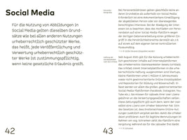 A two-page spread from a German publication, numbered 42 and 43. The large heading reads Social Media. The text, arranged in columns, discusses copyright law and legal considerations for using images and other content on social media platforms. Marginal notes point to specific topics like photography of people and the liability of service providers.