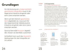 A two-page spread from a German publication about the basics of copyright law for photography. The text explains when a photograph is protected and the necessity of obtaining a license for use. An infographic at the bottom uses icons of a camera, smartphone, and printer to differentiate between a photographic work (Lichtbildwerk), a simple photograph (Lichtbild), and a technical image (Technisches Bild), outlining the legal criteria for each category.