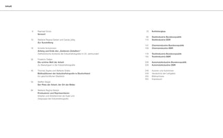 A table of contents in German for a book on industrial photography. The page is titled Inhalt and lists chapter titles and page numbers in two columns. Topics include coal mining, steel, chemical, textile, and automotive industries, with separate sections for West Germany (Bundesrepublik) and East Germany (DDR).