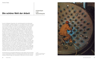 A page from a German book titled Die schöne Welt der Arbeit, featuring a large color photograph from 1964. The photo shows a worker in brown overalls and a red hard hat, kneeling on a massive, circular metal component of a nuclear power plant. He is using a tool on one of the many round ports covering the surface, which emits a bright blue glow.