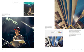 A two-page spread from a book about the German steel industry. The left page features a large photo of a worker in a red hard hat and plaid shirt, studying a large document in a factory setting. The right page displays three images: a large, low-angle shot of an industrial machine with blue and white striped bands, a small magazine cover, and a product sample card, all with German captions.