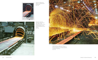 A page from a publication about the steel industry, featuring three photos of steel manufacturing. On the left, a poster and a color photograph show a glowing, red-hot steel wire being wound into a large coil on a production line. On the right, a large, dynamic photo captures a steel beam being cut, sending a massive shower of golden sparks across the factory.