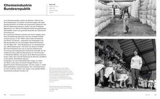 A two-page spread from a German book titled Chemieindustrie Bundesrepublik. The left page contains text. The right page features two black-and-white photographs. The top photo from 1974 shows a model walking between tall stacks of Dralon fiber bales in a warehouse. The bottom photo from 1959 shows a model in a sweater at a fashion show for an audience of clapping female factory workers.