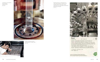 A two-page spread from a German publication, pages 144 and 145, about the chemical and textile industry. On the left is a color close-up of fine white threads being extruded from a metal machine part, and a black-and-white photo of a man inspecting threads. On the right is a black-and-white photo of a woman operating a large circular spinning machine, positioned above a typed press release from Bayer AG dated 1979.