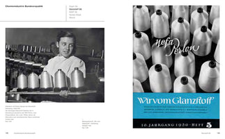 A two-page spread from a German publication. On the left is a black-and-white 1950s photograph of a female worker in a factory, holding a tray with large spools of Perlon thread. On the right is a 1950 magazine cover for Wir vom Glanzstoff, featuring a stylized close-up photo of many Perlon spools.