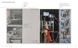 A two-page spread from a publication on the German chemical industry. On the left are two black-and-white images, one an old scientific drawing of an anatomical figure in a lab, the other a photo of a scientist. On the right is a 1968 color photo showing a monkey in a restraint chair for a pharmacology experiment, connected to a large wall of electronic equipment.