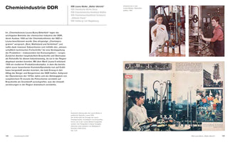 A two-page book spread titled Chemieindustrie DDR about the chemical industry in East Germany. The spread includes German text and several historical photographs. On the right are two photos of women working at the Leuna-Werke in 1965, one in a lab and another operating machinery. Below is a larger image from a 1959 Arabic newspaper showing a female technician in a lab, with images of the factory and colorful plastic consumer products.