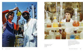 A two-page spread from a book showing two color photographs from the 1970s. On the left, a young woman in overalls and a Black man in a lab coat, both wearing hard hats, examine a flask of yellow liquid outdoors at a chemical plant. On the right, a female lab technician with a dark bouffant hairstyle works in a lab surrounded by colorful chemical solutions in glassware.