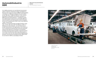 A page from a book on the East German automobile industry, showing a 1963 color photograph of the Trabant P 60 assembly line in Zwickau. In the foreground, a woman with a blonde bouffant hairstyle, wearing blue overalls over a red shirt, works on a white car with its hood open. Other workers and cars are visible further down the industrial production line.