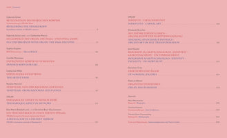 A two-page table of contents for a book on a pale pink background. The chapter titles are laid out in two columns and are written in both German, in a large red font, and English, in a smaller blue font. The content is about the artist ORLAN and themes of the female body, art, and feminism.