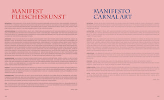 A two-page spread of Orlan's Manifesto of Carnal Art from 1989, presented on a light pink background. The left page is in German with the title MANIFEST FLEISCHKUNST in red. The right page is the English translation, with the title MANIFESTO CARNAL ART in blue. Both pages feature black body text sectioned by bold headings.