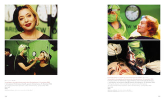 A two-page spread from a book displaying four color photographs of the artist Orlan's surgical performance piece from 1993. On the left, a portrait of Orlan is shown above an image of a surgeon preparing her face. On the right, Orlan is seen awake during the operation, with a close-up below showing gloved hands using surgical instruments on the skin above her eye.