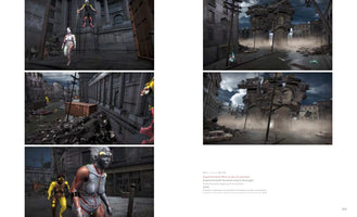 A two-page book spread displaying five screenshots from a video game set in a dark, post-apocalyptic city. The images show characters in futuristic armor navigating rubble-strewn streets. One character hovers in the air, while other shots focus on a large, mangled section of a building suspended over the street in a cloud of dust.