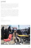 A color photograph on a page of text shows a young Iranian woman with dark, uncovered hair sitting at an outdoor table in a bustling square. She looks directly at the camera while other women, wearing black chadors that cover them completely, walk in the background.