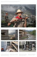 A photo collage of five images depicting life in Venezuela. The large top photo shows two uniformed militia members with rifles against a city backdrop. Below are four smaller photos showing a cityscape between tall buildings, a man carrying a woman across a river, a couple in a concrete courtyard, and a close-up of riot police arresting a person on the ground.