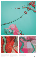 An aerial collage of three false-color infrared photographs depicting floods in New South Wales, Australia. In the images, vegetation is colored a vibrant red and pink, while the floodwaters are a bright turquoise. The top, largest image shows a long bridge crossing a wide, flooded river. Below are two smaller images of winding rivers flowing through rural and agricultural landscapes.