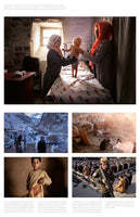 A photo collage depicting life in Afghanistan. The largest photo shows two women examining a small, thin baby in a clinic. Four smaller photos below show armed guards at a snowy checkpoint, people in a makeshift camp, a young boy lifting his shirt to show his torso, and an armed soldier guarding men as they pray.
