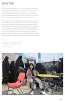 A page from a publication with German text at the top and a color photograph below. The photo shows a young woman with dark, uncovered hair sitting at a small outdoor table in a crowded public square. She wears a brown coat and looks at the camera. Behind her, other women dressed in traditional black chadors walk past.