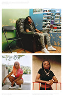 A three-photo collage of young Black artists. At the top, a man with dreadlocks sits in a black armchair in a room with photos taped to the wall. Below on the left, a woman with long pink hair squats in a pink outfit. On the right, a woman with braided hair leans against a red railing.