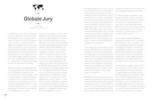 A page from a publication in German. The centered title at the top reads Globale Jury, with a small world map graphic above it and a byline for Brent Lewis, the jury chair. The main body of text is formatted in two columns on a white background, with the page number 218 in the bottom left corner.