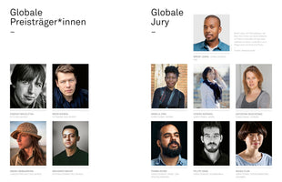 A webpage layout in German showing headshots of global award winners and jury members. On the left, under the heading Globale Preisträger*innen, are portraits of Evgeniy Maloletka, Mads Nissen, Anush Babajanyan, and Mohamed Mahdy. On the right, under Globale Jury, are portraits of Brent Lewis, Angela Jimu, Hideko Kataoka, Kateryna Radchenko, Tomás Ayuso, Felipe Dana, and Maika Elan, listed with their names and roles.