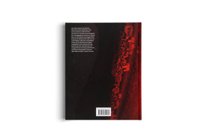 The back cover of a book with a black background, set against a white surface. The left half contains a block of white text in German. The right half features a dark, vertically oriented photograph with a strong red tint, showing several indistinct figures in a line as seen from above. At the bottom are a barcode and a website address.