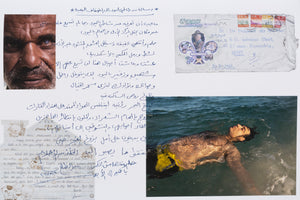 A collage on a white background featuring photographs, letters, and an envelope. At the top left is a close-up portrait of an older man with a weathered face. At the bottom right, a young man floats in the water. Handwritten letters in Arabic and English are scattered across the page, along with an envelope from Hong Kong addressed to Egypt.