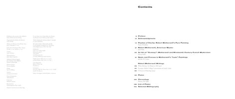 A two-page spread from an art book, showing the publication details on the left and the table of contents on the right. The book is an exhibition catalog for Robert Motherwell: Pure Painting. The table of contents lists essays on the artist, a section of his writings, plates, a chronology, and a bibliography, all laid out in black text on a white background.