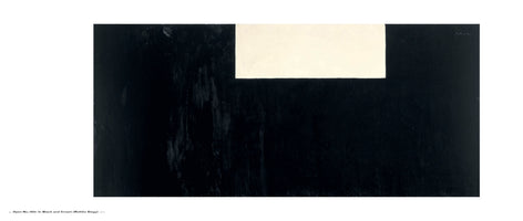 A horizontal abstract painting by Robert Motherwell from 1970, titled Open No. 150: In Black and Cream (Rothko Elegy). The artwork features a large, textured field of black paint that fills most of the canvas. In the upper right, there is a solid, off-white rectangle, creating a stark contrast.