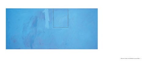 A wide abstract painting on a white page titled Summer Open with Mediterranean Blue. The artwork is a textured field of bright blue with hints of pink underpainting. Near the top, a simple rectangle is outlined in a thin dark line next to a faint, ghostly vertical shape in a lighter blue.