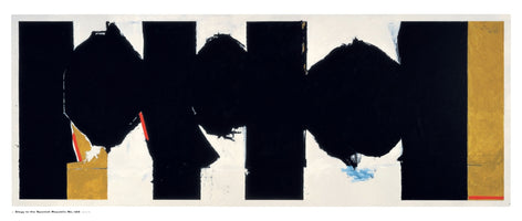 A wide, horizontal abstract painting featuring a rhythmic pattern of monumental black shapes on a white background. Thick vertical black bars alternate with large, rough, ovoid forms that are compressed between them. The stark composition includes small accents of ochre, red, and light blue.