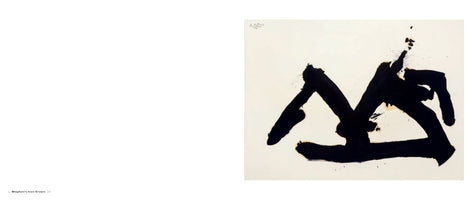 A two-page spread from an art book showing Robert Motherwell's 1958 painting, Stephen's Iron Crown. The painting, on the right page, is an abstract work featuring a large, gestural figure made of thick, energetic black brushstrokes on an off-white background, with some splatters and tan undertones. The left page is mostly blank with the title at the bottom.