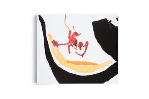 The back cover of a book featuring an abstract painting on a white background. The composition includes bold, curving black brushstrokes on the left and right, a wide arched stroke of yellow and orange, and a splatter of dripping red paint in the center.