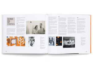 A top-down view of an open art book spread across pages 172 and 173. The pages detail a chronology of artist Robert Motherwell's life and career from 1950 to 1952, featuring columns of text and several captioned images, including black-and-white photos of the artist, an abstract painting, and gallery installation views.