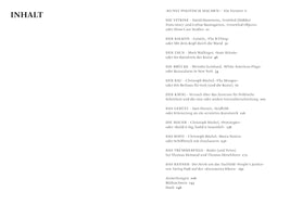 A table of contents page from a book, written in German. The main heading on the left is INHALT. The right column lists chapter titles in all caps, such as DIE VITRINE and DER BALKON, followed by details about artists, artworks, and corresponding page numbers. The list ends with sections for notes, image credits, and thanks.