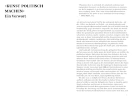 A page from a book with a two-column layout. The left column features the title in German, KUNST POLITISCH MACHEN, and a subtitle, Ein Vorwort. The right column begins with a quote in English from Adrian Piper, followed by the main body of text in German. The page number 7 is at the bottom right.