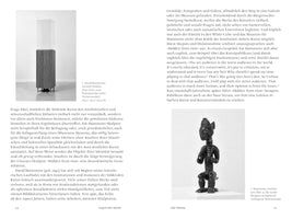 A two-page spread from a book with German text and black-and-white images. The left page shows a sculpture consisting of a dark wooden pedestal with a tall, clear glass vitrine on top. The right page shows a dark, carved wooden statuette of a stylized standing figure.