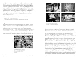 A two-page spread from a German art publication. The left page shows text and a black-and-white photo of a museum installation with numerous glass display cases. The right page features text and a grid of four black-and-white photos by Lothar Baumgarten: a display case labeled studied, a face labeled celebrated, an object in a case labeled imagined, and a row of skulls labeled politicized.